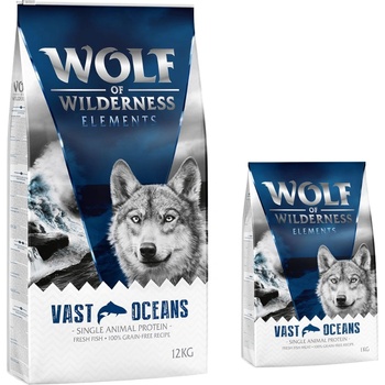 Wolf of Wilderness 12 + 2 подарък! 14 кг Wolf of Wilderness суха храна - Elements Vast Oceans с риба