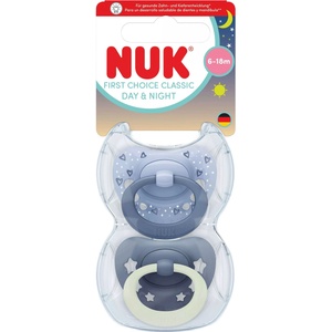Nuk Силиконови залъгалки NUK First Choice - Day & Night, 6-18 м, за момче, лилави, 2 броя (10176383) - baby