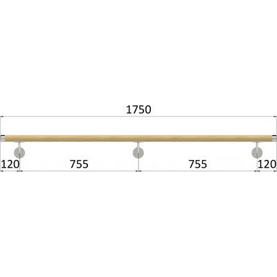 Madlo dřevěné (1750mm), materiál: buk, broušený povrch bez nátěru, set: 3ks úchyt, madlo s nerezovým ukončením