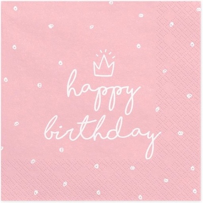 PartyDeco Papírové ubrousky Happy Birthday růžovo-bílé 20ks 33x33cm