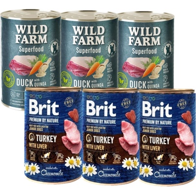 Brit Premium by Nature Junior Morčacie s pečeňou 3 x 400 g + Wild Farm Superfood Kačacie 3 x 400 g