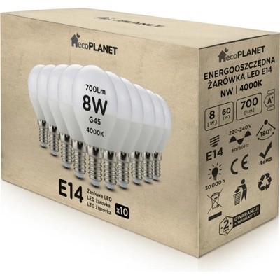 ecoPLANET 10x LED žiarovka E14 G45 8W 700lm neutrálna biela