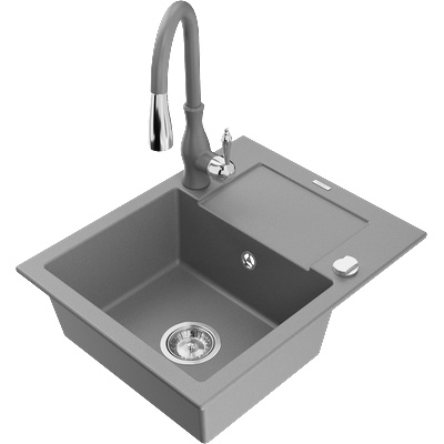 Mexen Enzo гранитна кухненска мивка с 1 камера и отцедник и кухненски смесител Savita, сив - 6506-71-672601-71 (6506-71-672601-71)