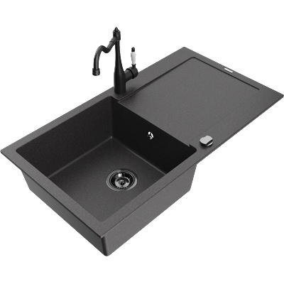 Mexen Leo мивка от гранит с 1 отделение и отцедник и кухненски смесител Carla, черен с пръски - 6501-76-670700-70-B (6501-76-670700-70-B)