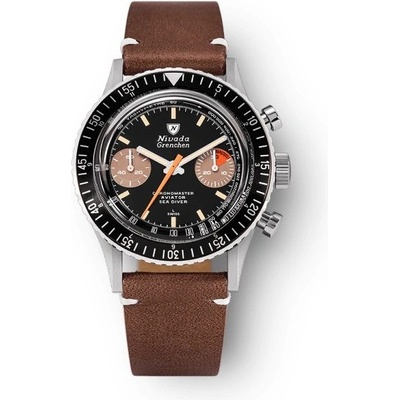 Nivada Grenchen Chronomaster Orange Boy Inter. Bezel Manual Brown leather White Stitching