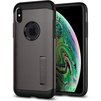 Spigen Slim Armor Case - хибриден кейс с поставка и най-висока степен на защита за iPhone XS Max (сив)