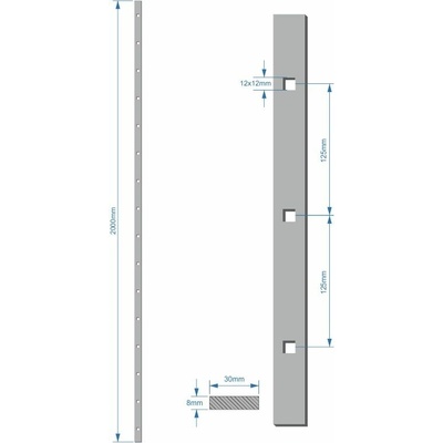 Tyč 30 x 8 x 2000 mm s otvormi 12 x 12 mm, rozteč 125 mm