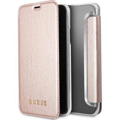 GUESS Iridescent Book Case - дизайнерски кожен калъф, тип портфейл за iPhone XS, iPhone X (розово злато)