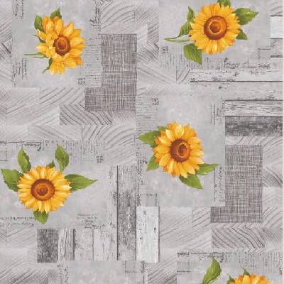 Obrus PVC 163B slnečnice na drevenom sivom obklade metráž, 20 m x 140 cm, IMPOL TRADE