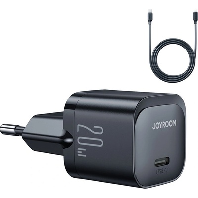 JOYROOM Захранване за ел. мрежа с USB-C изход с технология за бързо зареждане и USB-C към Lightning кабел - Joyroom Mini PD Fast Charging Kit USB-C 20W (черен) (JR-TCF02W1)