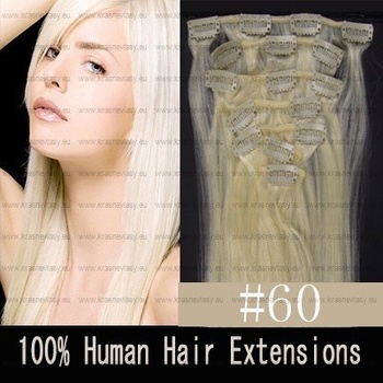 CLIP IN (klipy) pravé lidské vlasy remy 50cm odstín 60 platina 7 částí 70g