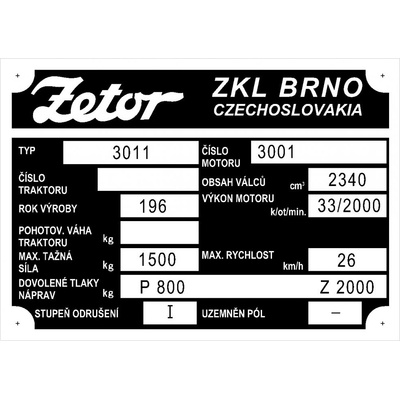 Výrobní štítek Zetor 3011 pol