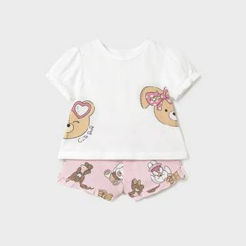 Mayoral Комплект бяла тениска и шорти в бебешко розово с мечета и зайчета за бебе момиче Майорал