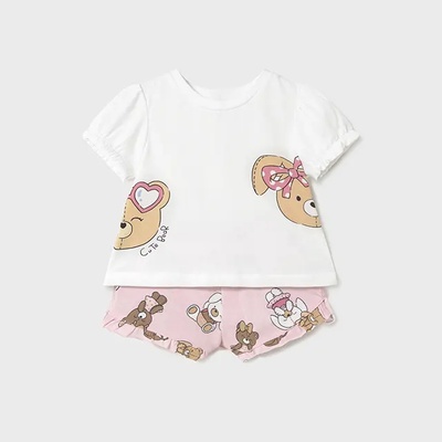 Mayoral Комплект бяла тениска и шорти в бебешко розово с мечета и зайчета за бебе момиче Майорал
