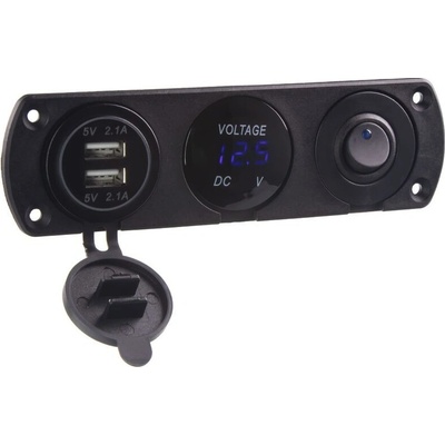 Panel s 1x spínačem, voltmetr + 2x USB zásuvka, 12/24V