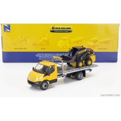 Newray Iveco fiat Daily Roll-off Pianale 2023 With Accessories + New Holland L228 Ruspa Gommata Skid Steer Scraper Tractor Žlutá Černá 1:36