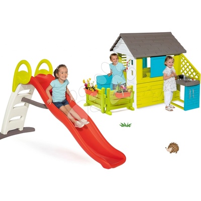 Smoby Set šmykľavka Toboggan Funny 200 cm a domček s kuchynkou Pretty Blue so záhradkou a zvončekom