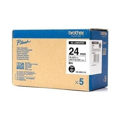 páska BROTHER HGeM951 čierne písmo, matná strieborná páska HQ Tape (24mm) (5 ks) (HGEM951V5)