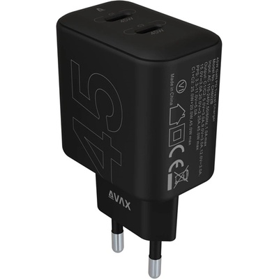 AVAX CH602B SPEEDY+ 45W GaN 2x USB-C PD3.0 черен адаптер за бързо зареждане (AVAX CH602B)