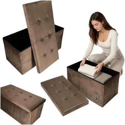 KIK Skládací velurový taburet s úložným prostorem pod sedákem 76 x 38 x 38 cm, hnědý