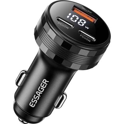 ESSAGER 108W зарядно за кола, 2x Type-C, USB-A, цифров дисплей - черен/сив