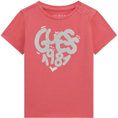 GUESS Коралова тениска за бебе момиче със сребрист надпис Guess