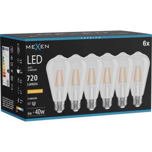 Mexen Vintis 6x LED крушка с нажежаема жичка E27, ST64, 6W, Топла - 2200K, 720 lm, прозрачна (L152-E27-0622-00x06)