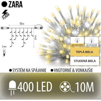 Zara led svetelná záclona vonkajšia flash - 400led - 10m teplá biela/flash prebliknutie studená biela - transparentný kábel