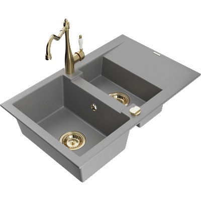 Mexen Gaspar гранитна мивка 1, 5-дълбочинна с отцедник и кухненски смесител Carla, сив - 6507-71-670700-50 (6507-71-670700-50)