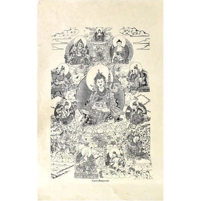 Sanu Babu Tisk, černobílý, ruční papír, Guru Rinpoče, 50x75 cm