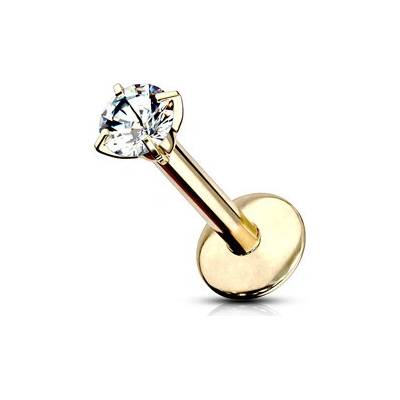 Šperky4U Zlacený piercing do brady labreta titan, 1,2 x 8 mm, kámen 2 mm TIT1037GD
