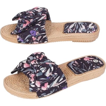 Дамски черни чехли с цветни мотиви и панделка