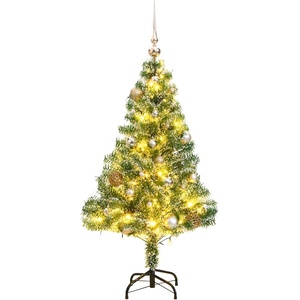 vidaXL Изкуствена коледна елха, 150 LED, топки и флокиран сняг, 120 см (3210091)