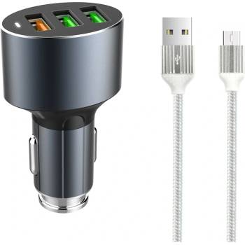 LDNIO Зарядно устройство за кола, LDNIO C703Q, Quick Charge 3.0, 3xUSB, С Micro USB кабел, Сив - 14752 (14752)