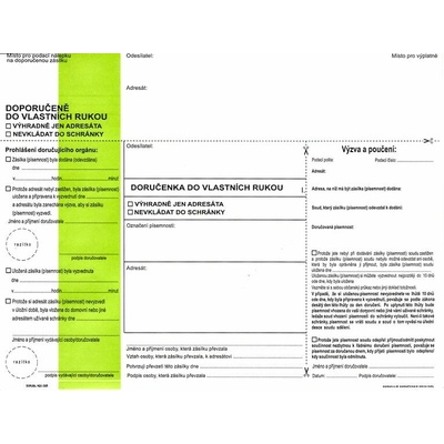 Doručenka do vlastních rukou typ II. OSŘ zelený pruh s vytrhávacím okénkem - soud