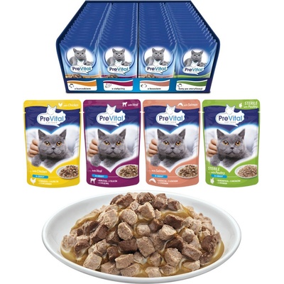 Prevital Cat Food Mix 4 Příchutě Kuře Telecí Losos Drůbež 96 x 100 g