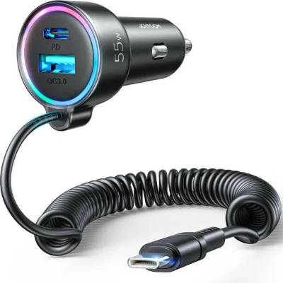 Зарядно за кола с вграден USB-C кабел и USB-A и USB-C изходи - Joyroom 3 in 1 Fast Car Charger With USB-C Cable 72W (черен) (JR-CL07)