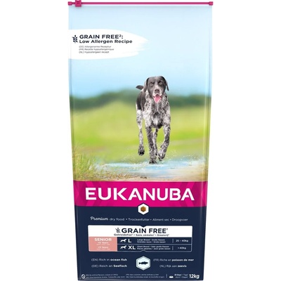 EUKANUBA Grain Free Senior Храна за кучета, суха, за по-възрастни, голяма, гигантска порода, без зърно, с океанска риба, 12 kg