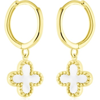Gemmax Zlaté náušnice kruhy s přívěskem Čtyřlístku s perletí GLEYL-12-03437