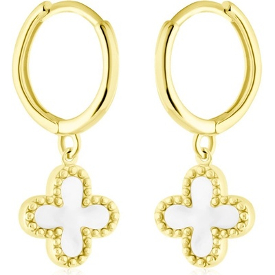 Gemmax Zlaté náušnice kruhy s přívěskem Čtyřlístku s perletí GLEYL-12-03437