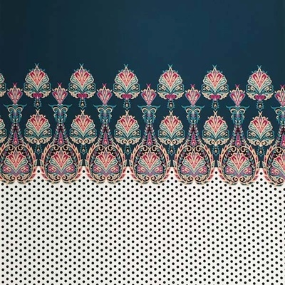 Šatovka petrolejovo-biela, čierne bodky, ornamenty, š.145