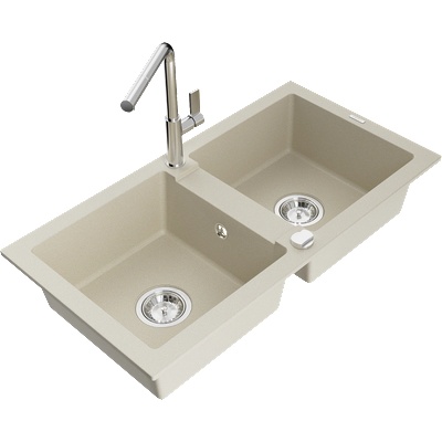 Mexen Mario двоен гранитен мивка с кухненски смесител Flora, бежов - 6504-69-670401-00 (6504-69-670401-00)
