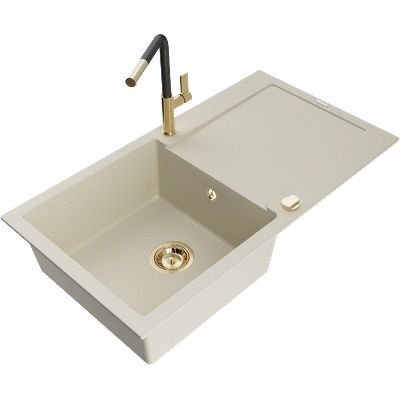 Mexen Leo гранитна мивка с 1 камера с отцедник и кухненски смесител Flora, бежов - 6501-69-670401-57-G (6501-69-670401-57-G)