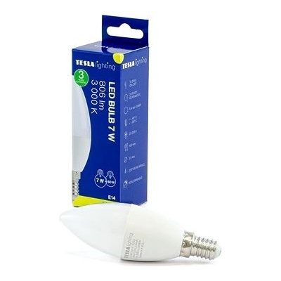Tesla LED žiarovka CANDLE sviečka, E14, 7 W, 230 V, 806 lm, 25 000 h, 3 000 K teplá biela, 180st