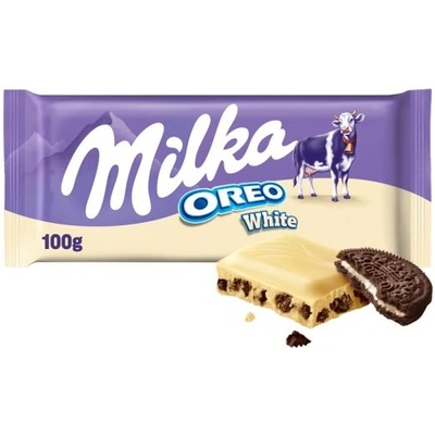 Milka Oreo White bílá čokoláda z alpského mléka s kousky kakaových sušenek a vanilkovou náplní 100 g