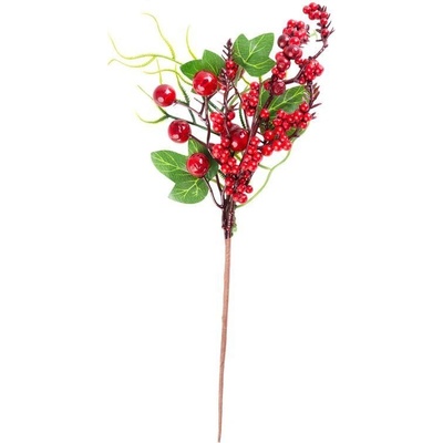 Vetvička MagicHome Vianoce s bobuľkami a lístkami červená 32 cm