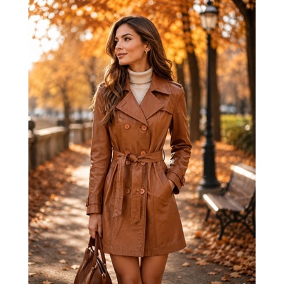 Max Original Leather Dámsky kožený kabát TRENCH Cognac