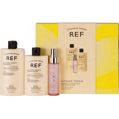 Ref Stockholm Комплект подаръчна кутия Ref Stockholm: Ultimate Repair без сулфати шампоан за коса възстановяване и укрепване 285 ml + Ultimate Repair без сулфати балсам за коса за хидратиране/разресване и блясък 245 ml + еликсир за блясък серум за коса ом