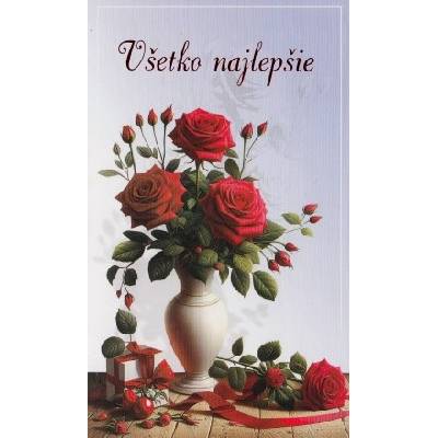 Pozdrav: Všetko najlepšie - červené ruže vo váze, s textom - 10-1023