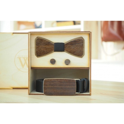 Wood Style Set Hranatý Ořech opasek motýlek a manžetové knoflíčky černá